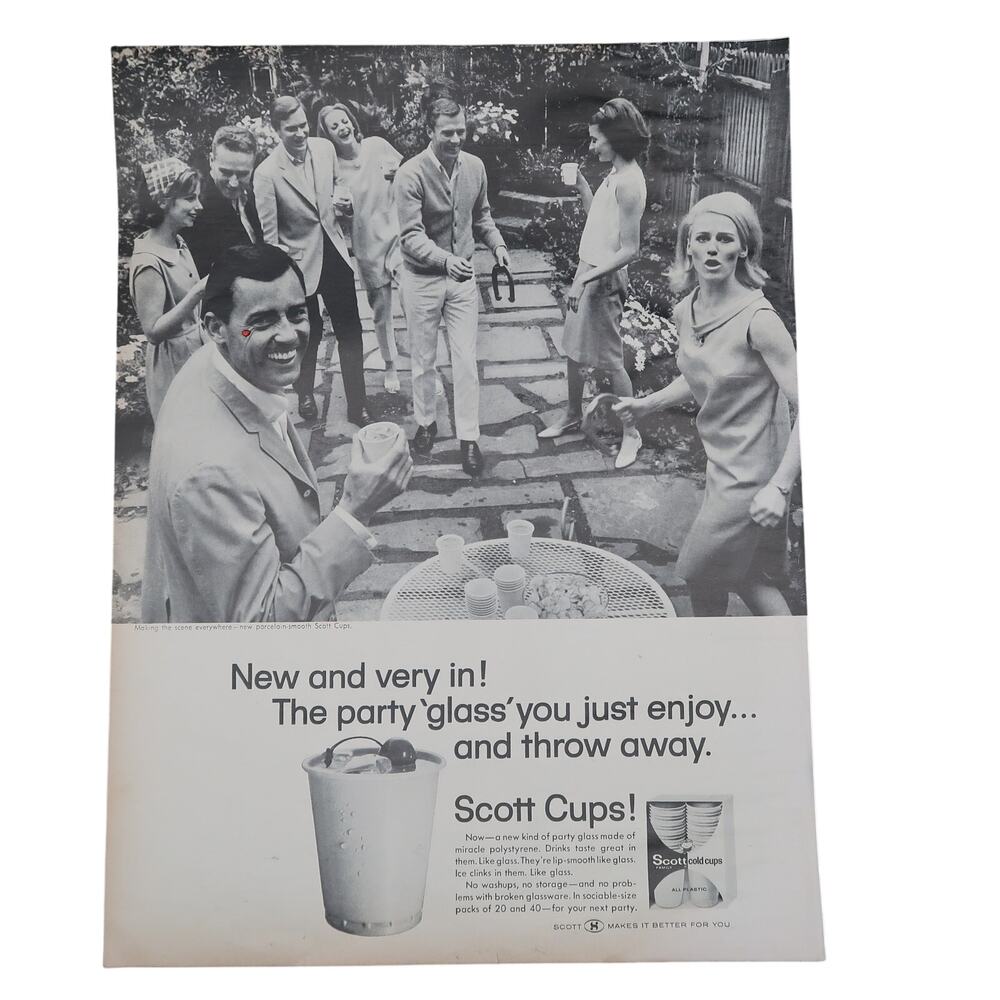 Scott Cups Magazine Advertisement 1960s Vintage Paper Products Party Barbecue